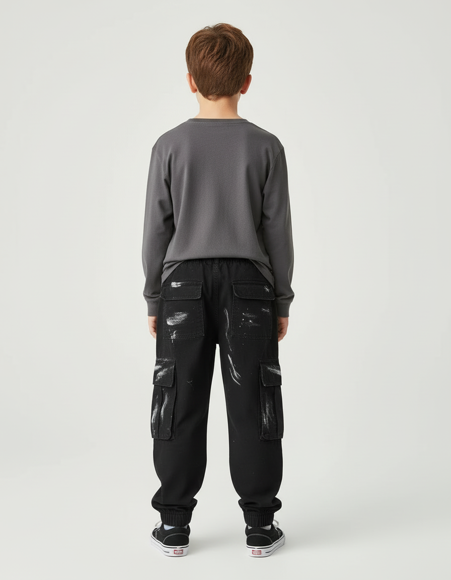 Pantalon Cargo Noir Peint Garçon Ample Multipoches - Toile - vue 2