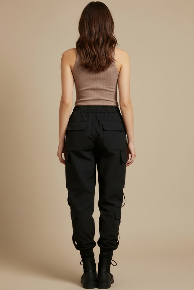 Pantalon Cargo Noir Ample Streetwear Poches Latérales - Polyester - vue 2