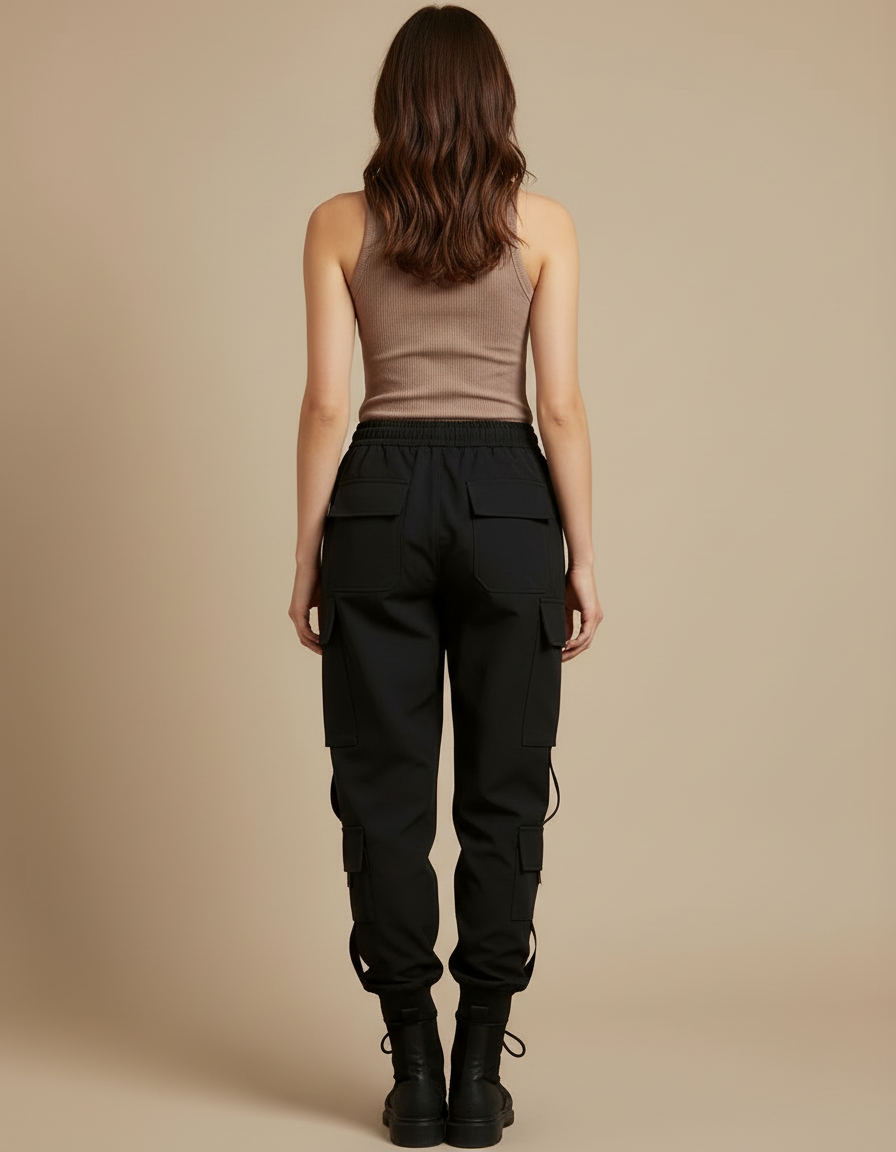 Pantalon Cargo Noir Ample Streetwear Poches Latérales - Polyester - vue 2