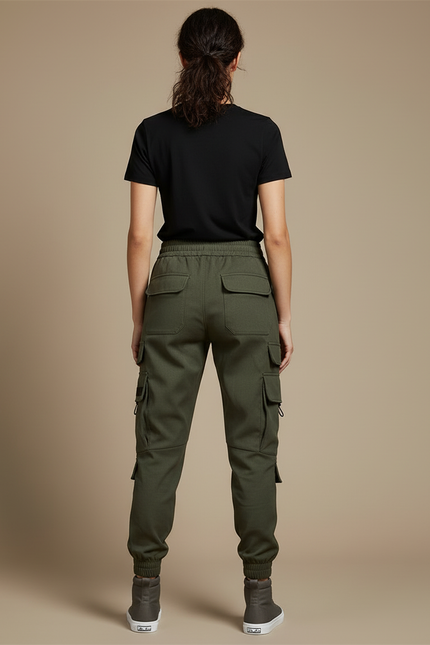 Pantalon Cargo Vert Militaire Ample Cordon Streetwear Femme - Kaki Molleton - vue 2