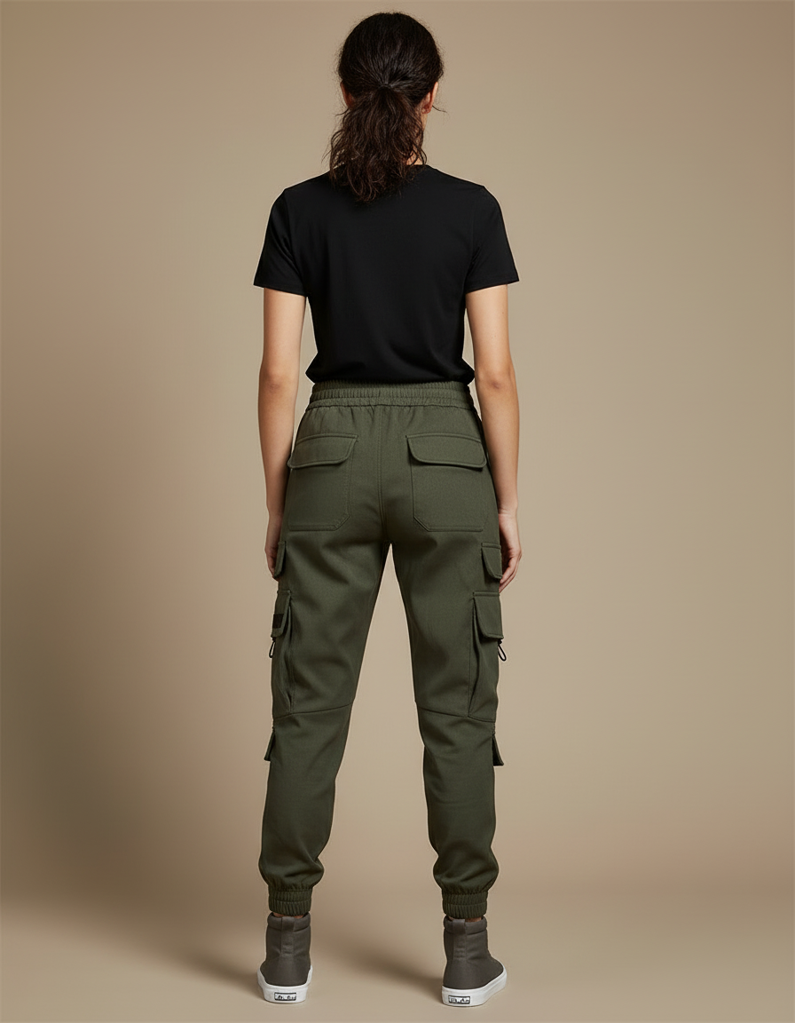 Pantalon Cargo Vert Militaire Ample Cordon Streetwear Femme - Kaki Molleton - vue 2