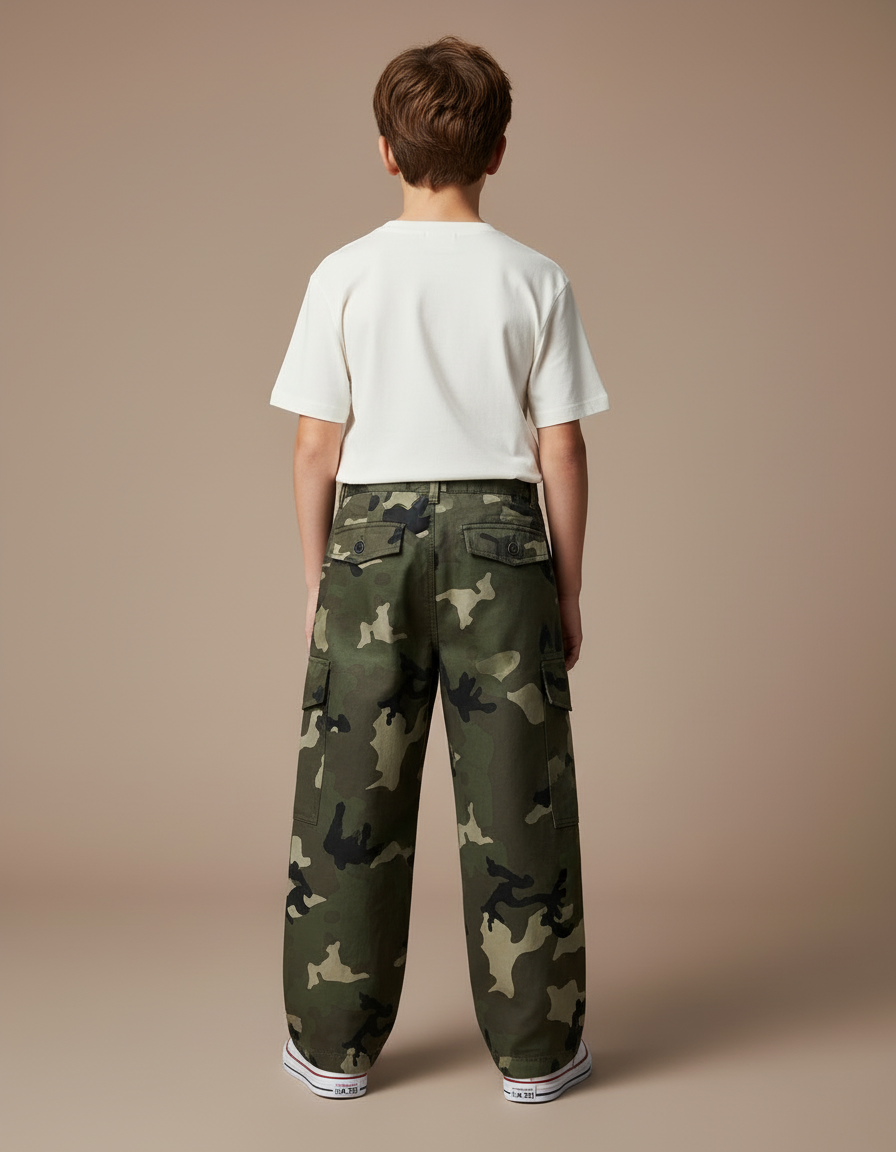 Pantalon Cargo Camouflage Ample Vert Décontracté Enfant - Toile - vue 2