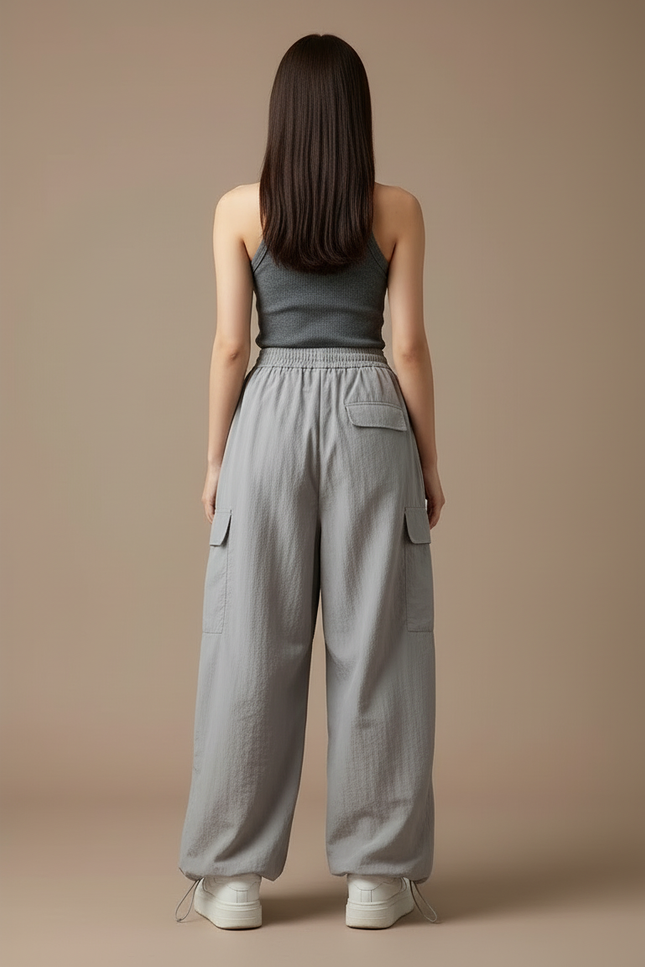 Pantalon Cargo Gris Ample Fluide Taille Haute - Polyester - vue 2
