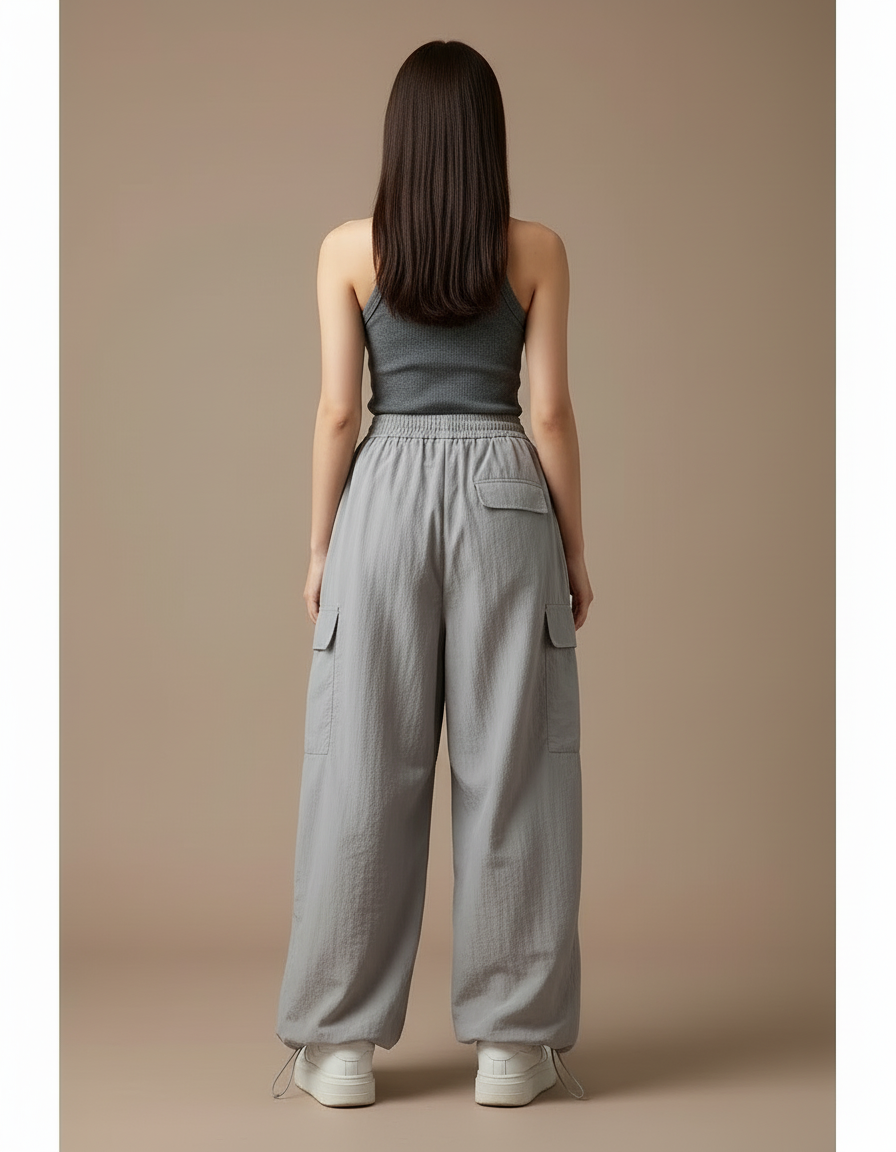 Pantalon Cargo Gris Ample Fluide Taille Haute - Polyester - vue 2