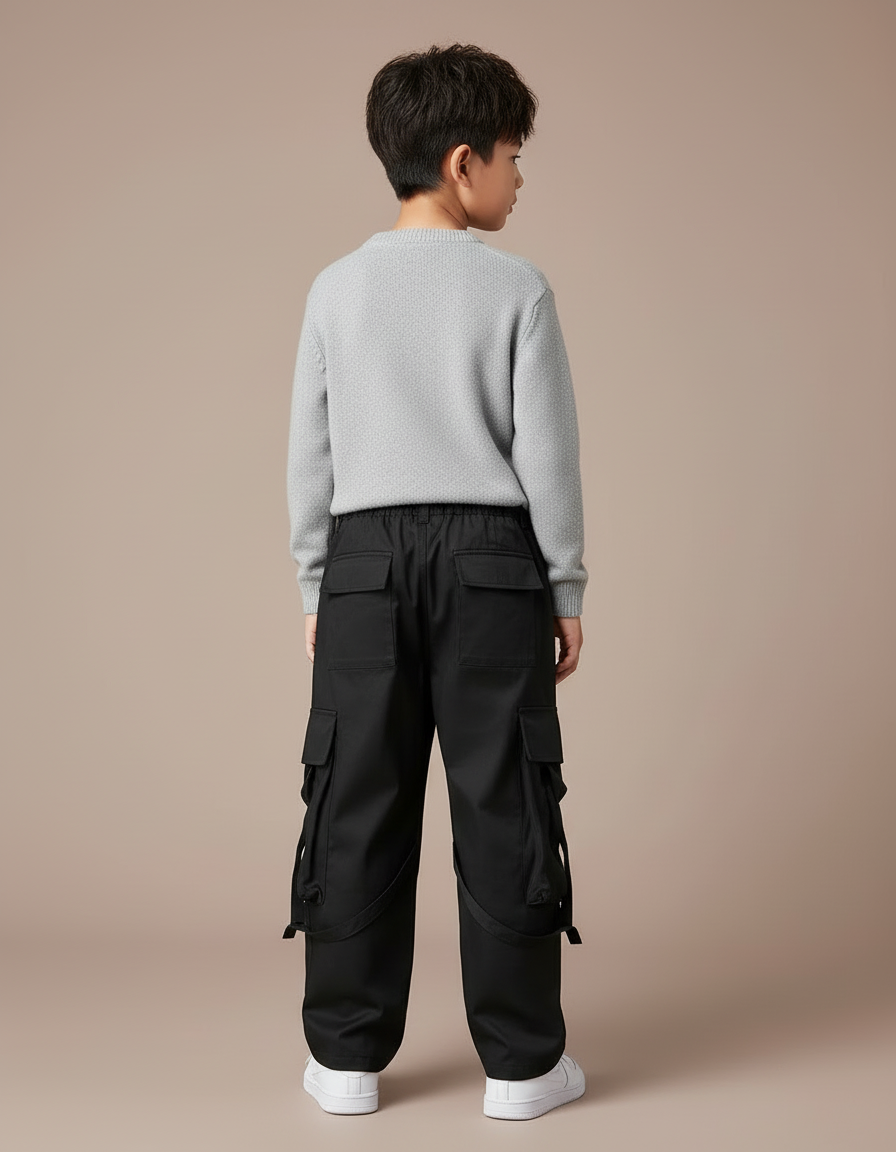 Pantalon Cargo Noir Ample Multipoches Garçon Zippé - Toile - vue 2