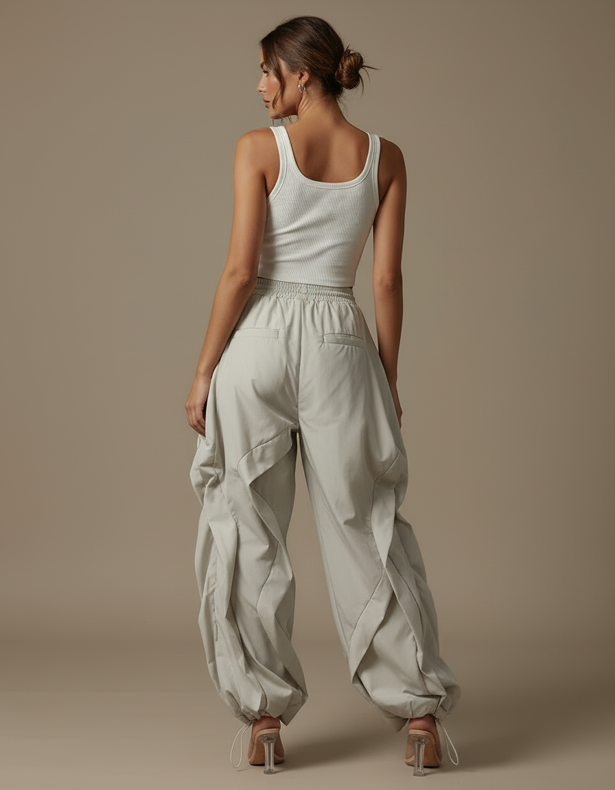 Pantalon Cargo Beige Plissé Ample Femme - Polyester - vue 2