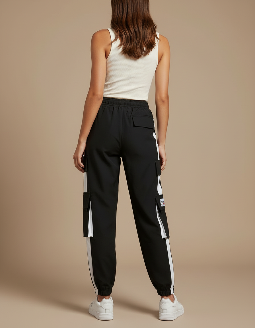 Pantalon Cargo Noir Rayures Blanches Multipoches Femme - Polyester - vue 2