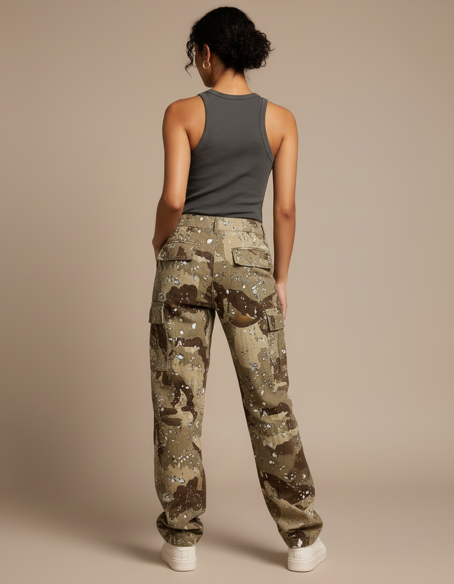 Pantalon Cargo Camouflage Militaire Ample Marron Femme - Kaki Toile - vue 2