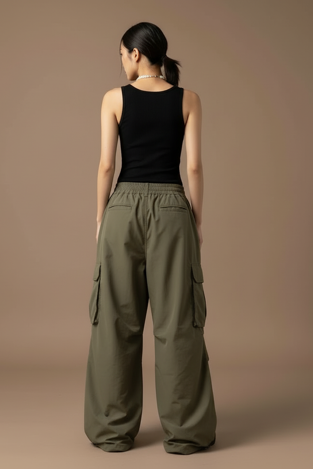 Pantalon Cargo Vert Ample Taille Haute Décontracté - Kaki Polyester - vue 2