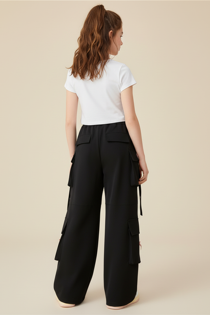 Pantalon Cargo Noir Ample Fille Multipoches Cœur - Polyester - vue 2