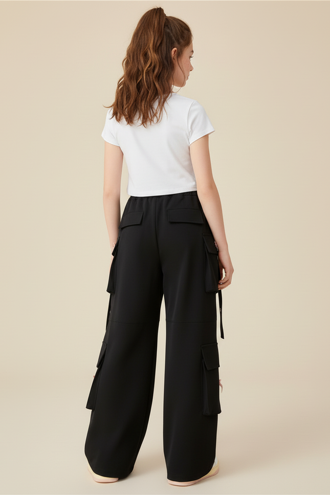 Pantalon Cargo Noir Ample Fille Multipoches Cœur - Polyester - vue 2