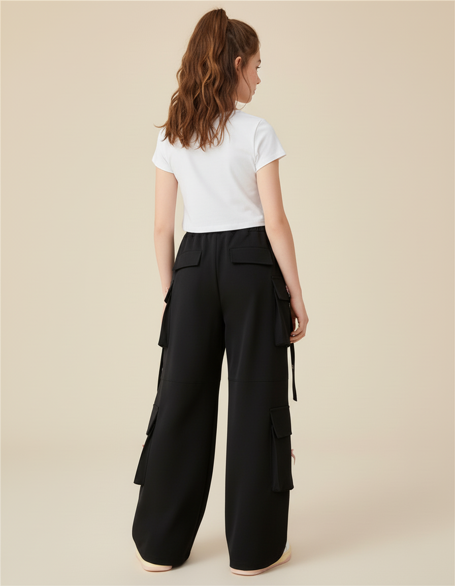 Pantalon Cargo Noir Ample Fille Multipoches Cœur - Polyester - vue 2