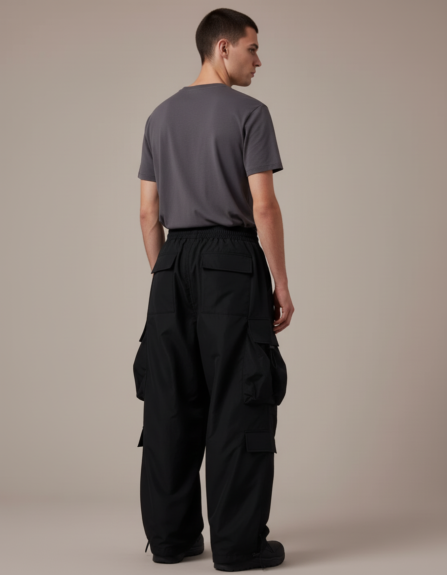 Pantalon Cargo Noir Ample Imperméable Multi-Poches Homme - Polyester - vue 2