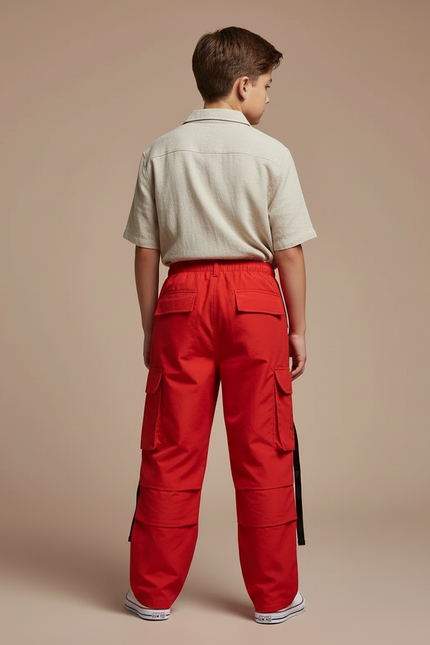 Pantalon Cargo Rouge Ample Poches Multiples Garçon - Polyester - vue 2