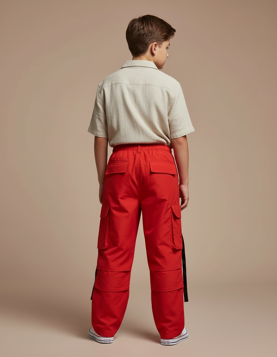 Pantalon Cargo Rouge Ample Poches Multiples Garçon - Polyester - vue 2