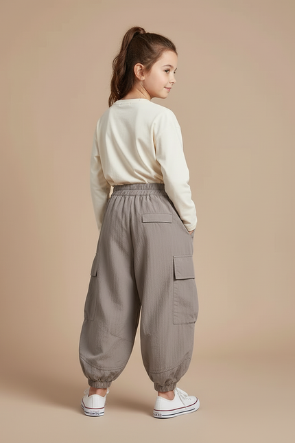 Pantalon Cargo Gris Ample Coton Enfant Poches - Polyester - vue 2