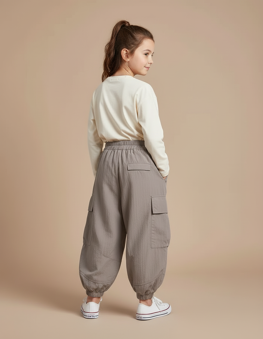 Pantalon Cargo Gris Ample Coton Enfant Poches - Polyester - vue 2