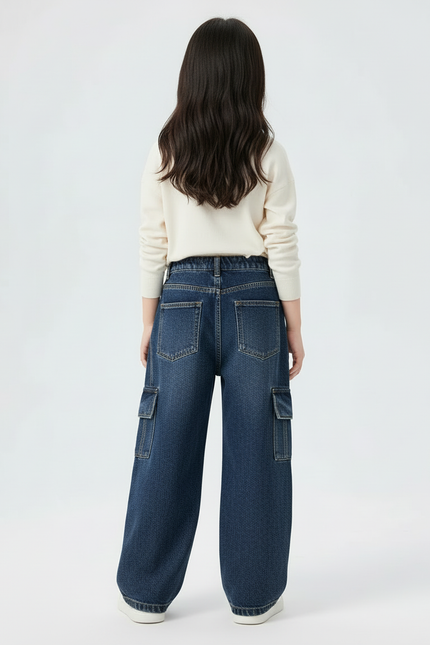 Pantalon Cargo Jean Bleu Ample Enfant Fille - Marine - vue 2