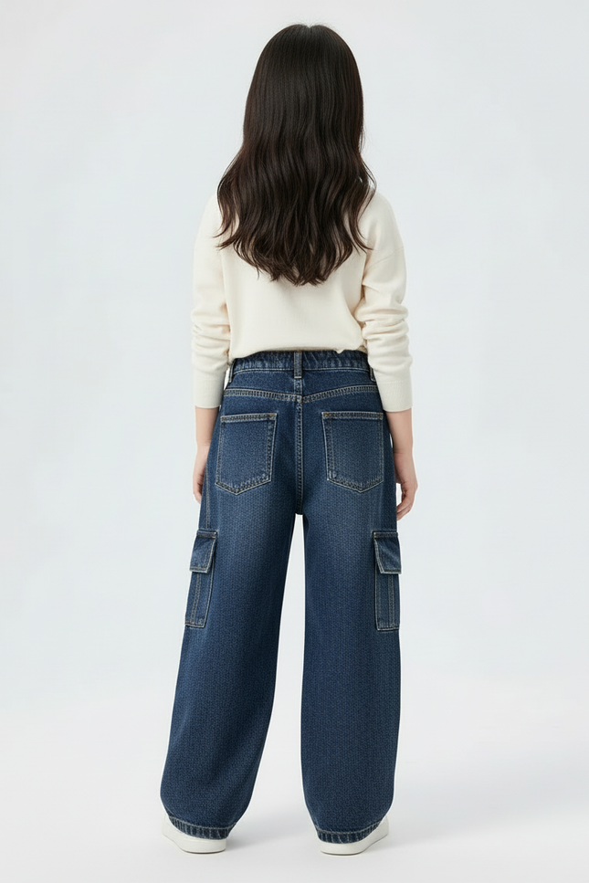 Pantalon Cargo Jean Bleu Ample Enfant Fille - Marine - vue 2