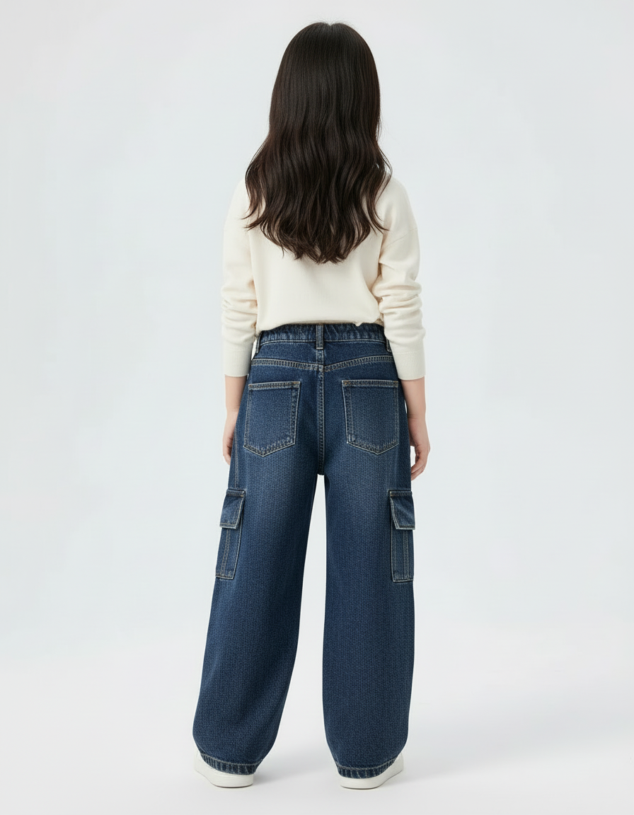 Pantalon Cargo Jean Bleu Ample Enfant Fille - Marine - vue 2