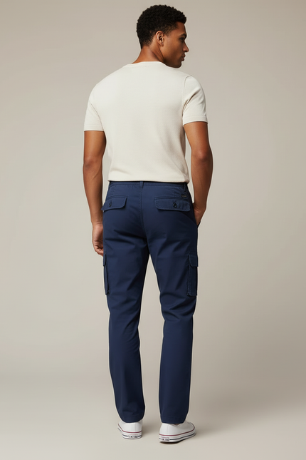 Pantalon Cargo Bleu Marine Droit Décontracté Multipoches Coton - vue 2