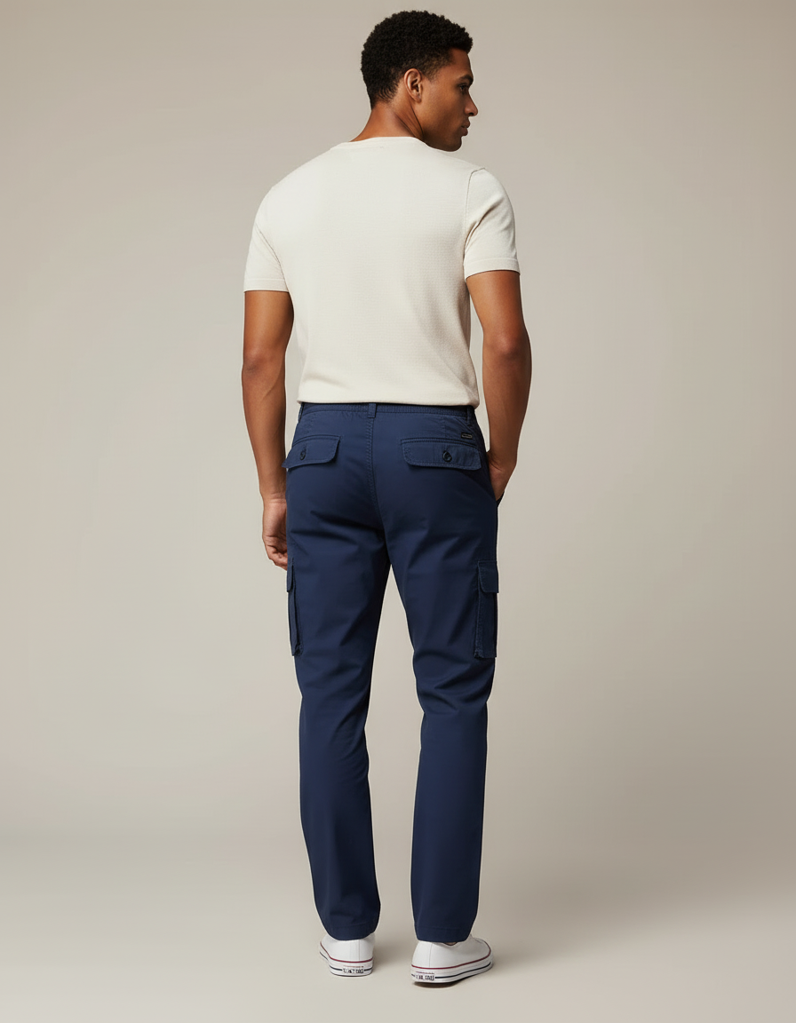 Pantalon Cargo Bleu Marine Droit Décontracté Multipoches Coton - vue 2