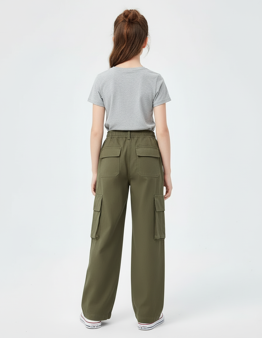 Pantalon Cargo Vert Ample Décontracté Enfant - Kaki Toile - vue 2