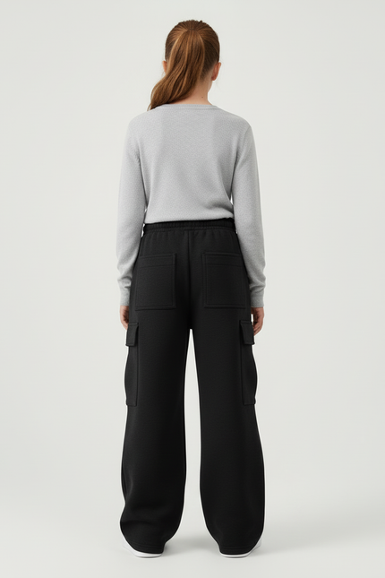 Pantalon Cargo Noir Ample Molletonné Femme Décontracté - vue 2