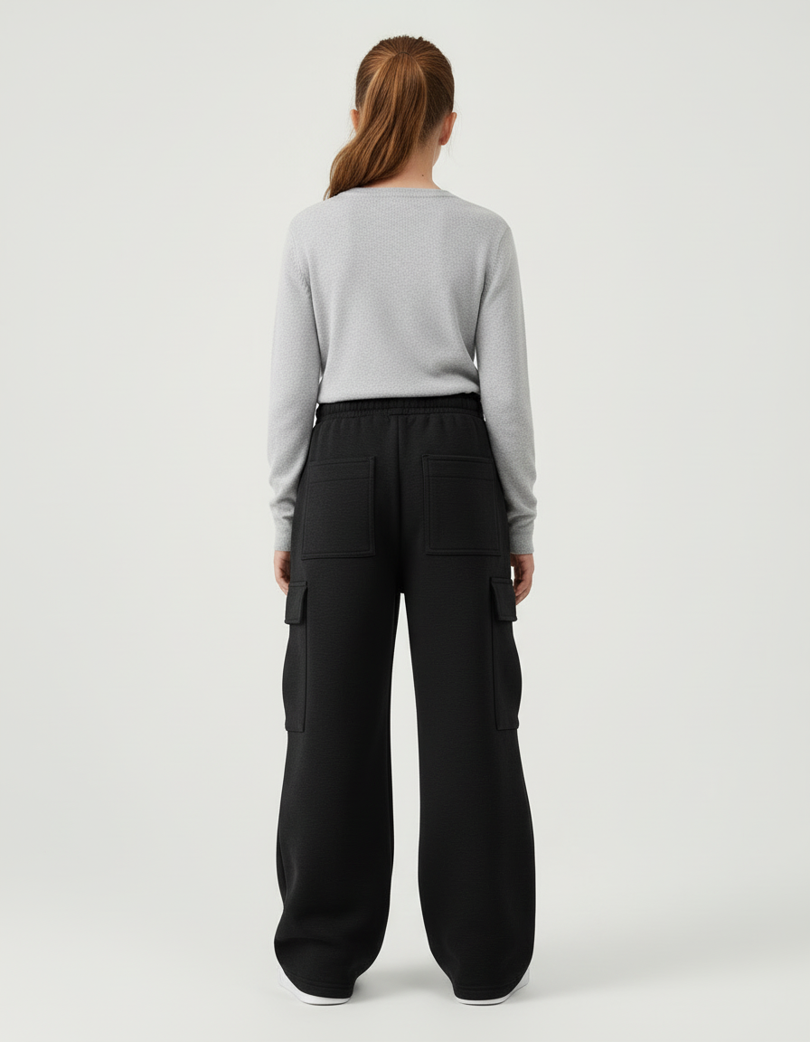 Pantalon Cargo Noir Ample Molletonné Femme Décontracté - vue 2