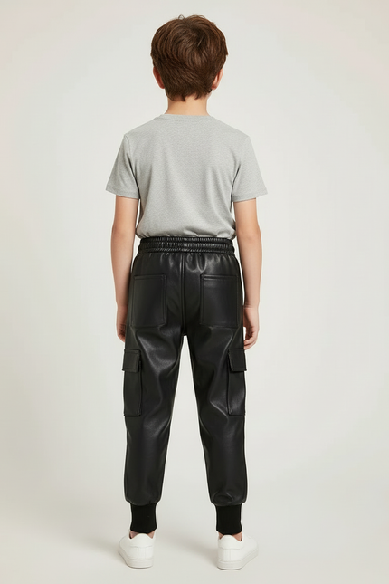 Pantalon Cargo Noir Similicuir Enfant Hiver Molletonné - Simili cuir - vue 2