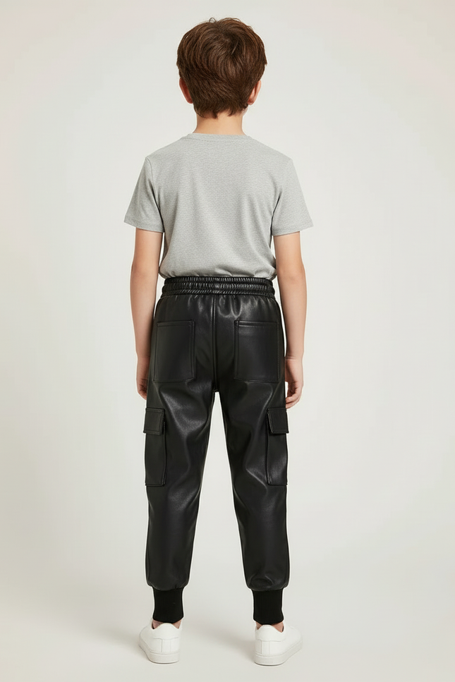 Pantalon Cargo Noir Similicuir Enfant Hiver Molletonné - Simili cuir - vue 2