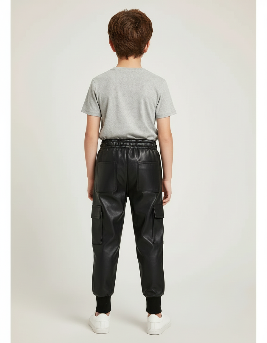 Pantalon Cargo Noir Similicuir Enfant Hiver Molletonné - Simili cuir - vue 2