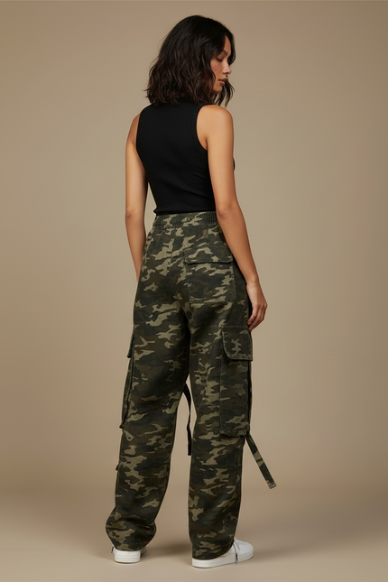 Pantalon Cargo Camouflage Ample Décontracté Femme - Kaki Toile - vue 2