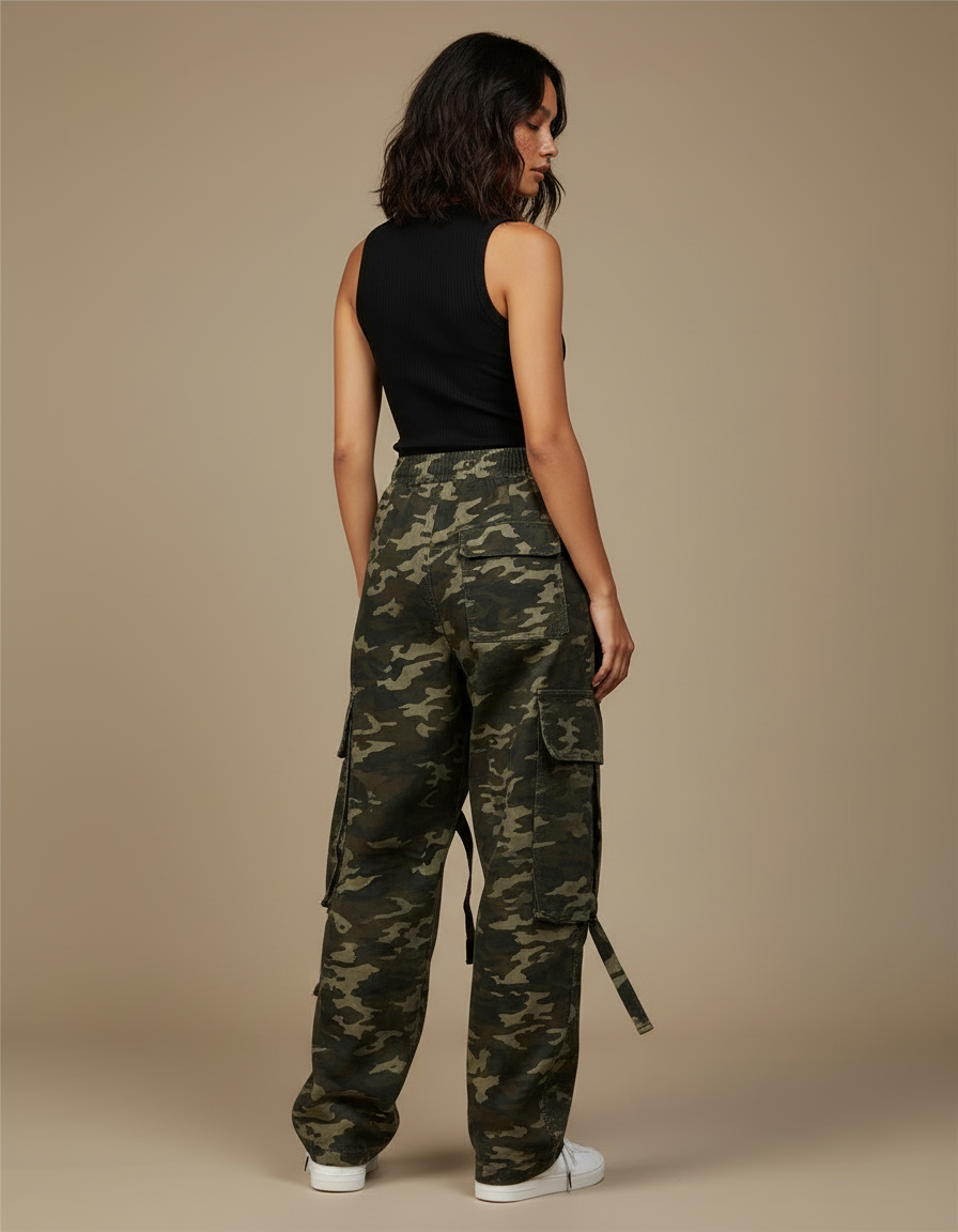 Pantalon Cargo Camouflage Ample Décontracté Femme - Kaki Toile - vue 2