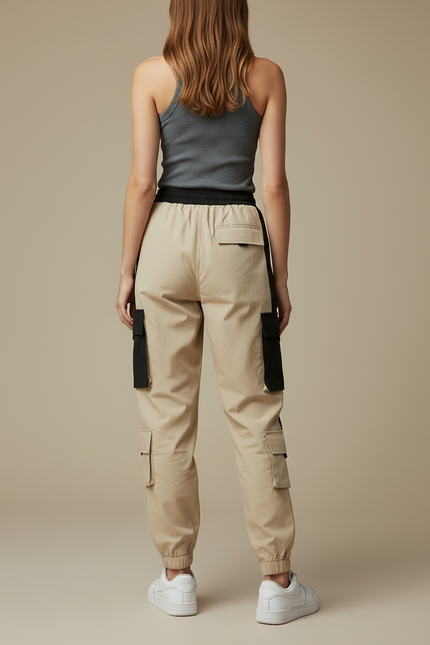 Pantalon Cargo Beige Noir Coton Multi-Poches Décontracté Femme - vue 2