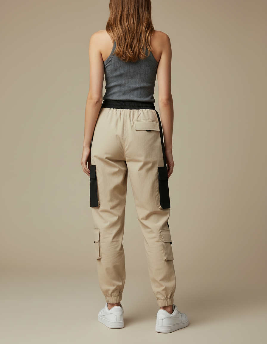 Pantalon Cargo Beige Noir Coton Multi-Poches Décontracté Femme - vue 2