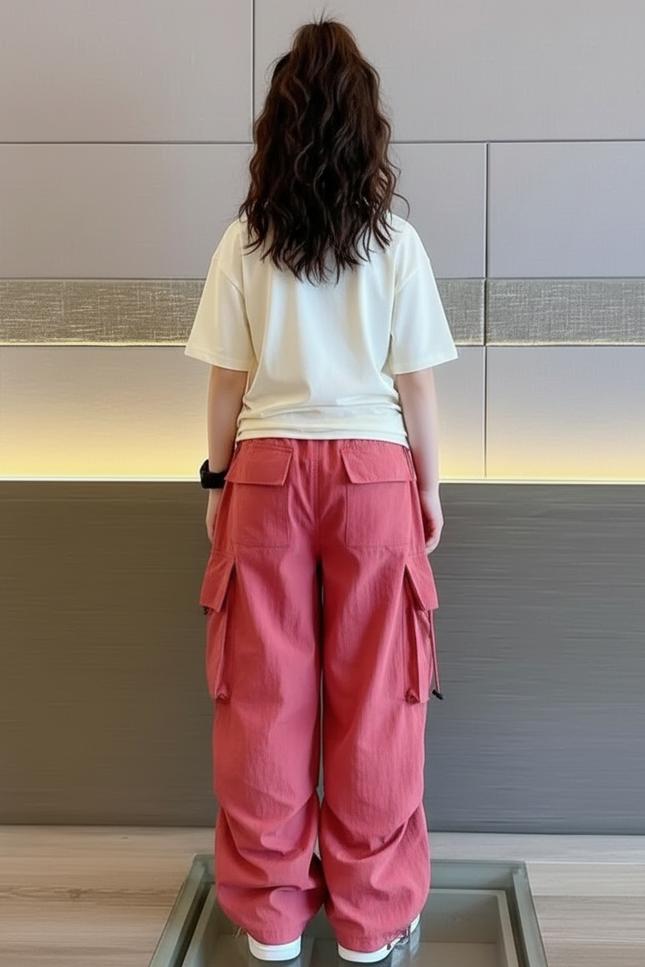 Pantalon Cargo Rose Ample Multipoches Fille Streetwear - Polyester - vue 2