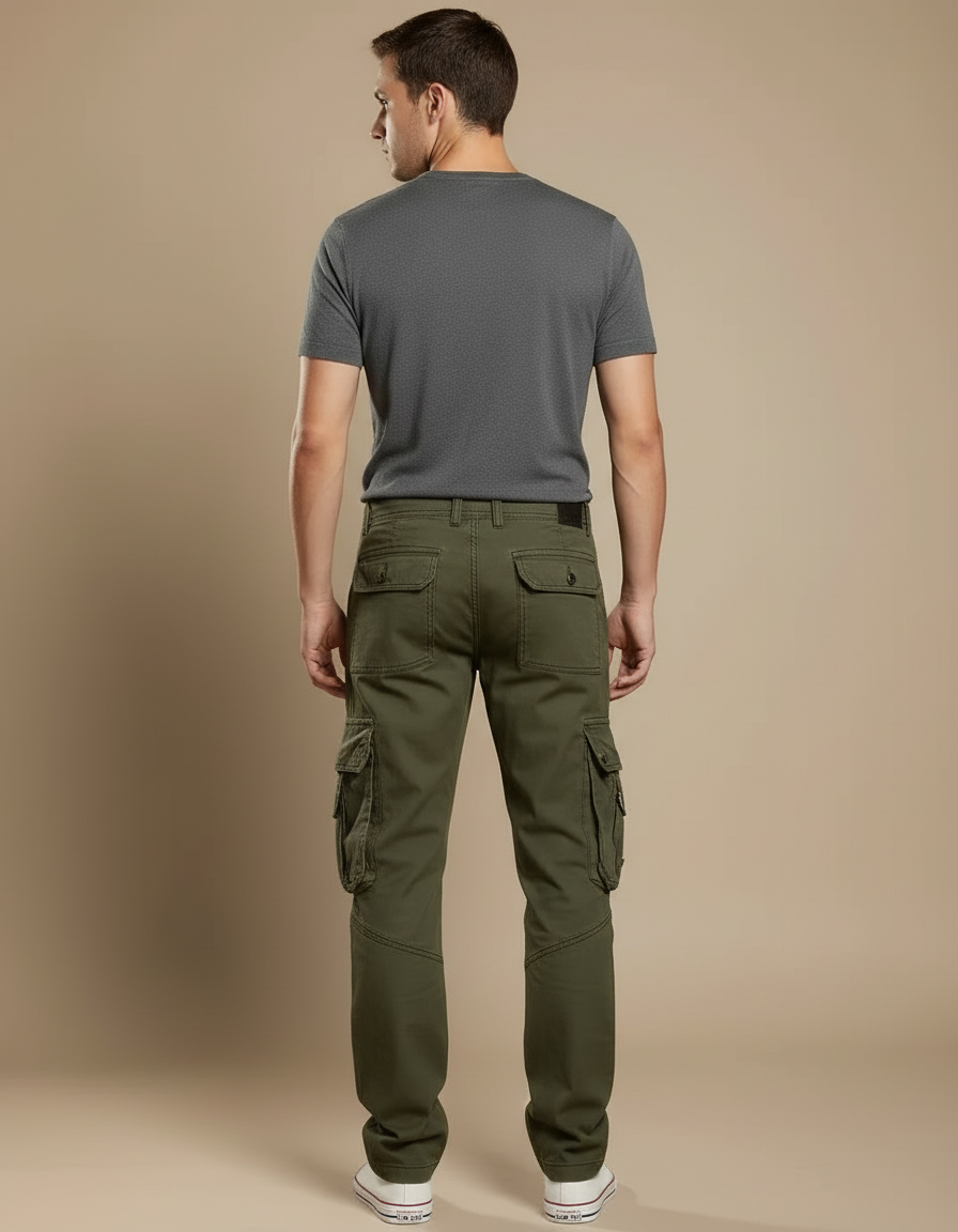 Pantalon Cargo Vert Coton Multipoches Décontracté Homme - Kaki Toile - vue 2