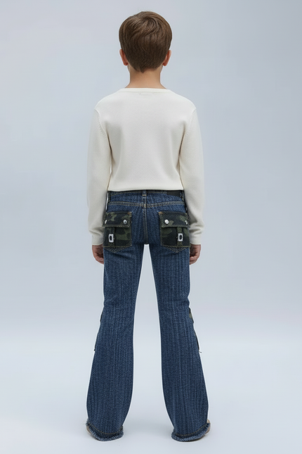 Pantalon Cargo Denim Évasé Patchs Verts Enfant - Bleu Jean - vue 2