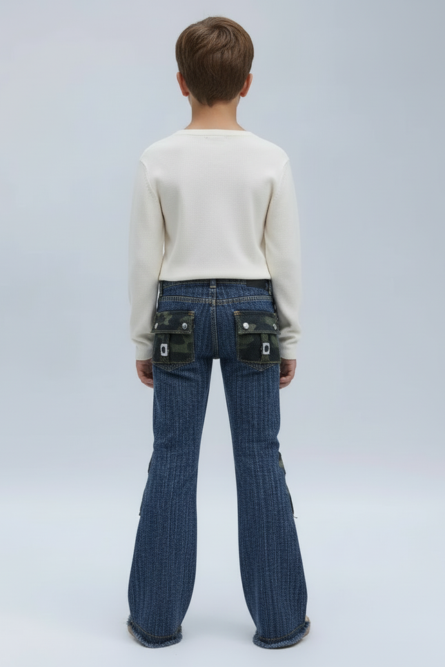 Pantalon Cargo Denim Évasé Patchs Verts Enfant - Bleu Jean - vue 2