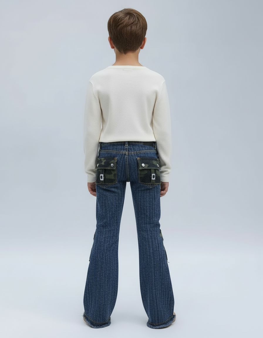 Pantalon Cargo Denim Évasé Patchs Verts Enfant - Bleu Jean - vue 2