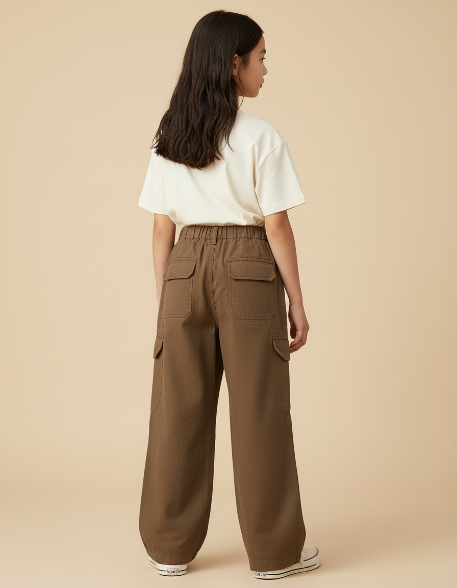 Pantalon Cargo Marron Ample Coton Multipoches Fille - Toile - vue 2