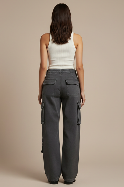 Pantalon Cargo Gris Ample Décontracté Poches Multiples Femme - Jean - vue 2