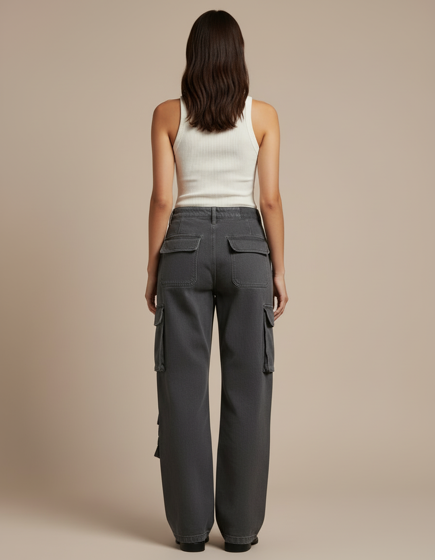 Pantalon Cargo Gris Ample Décontracté Poches Multiples Femme - Jean - vue 2