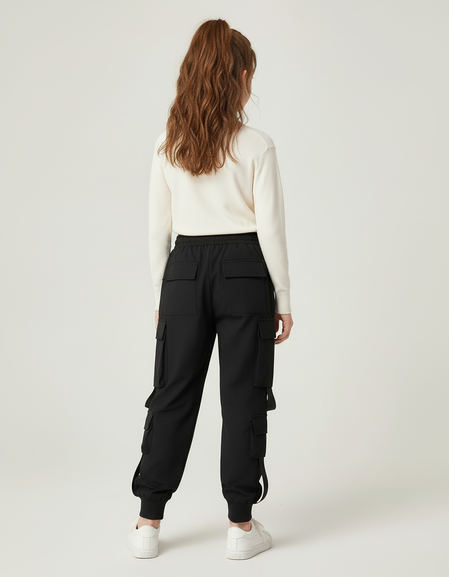 Pantalon Cargo Noir Ample Poches Multiples Casual - Polyester - vue 2