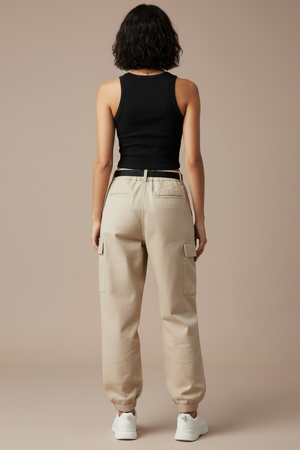 Pantalon Cargo Beige Ample Ceinturé Femme Coton - Toile - vue 2