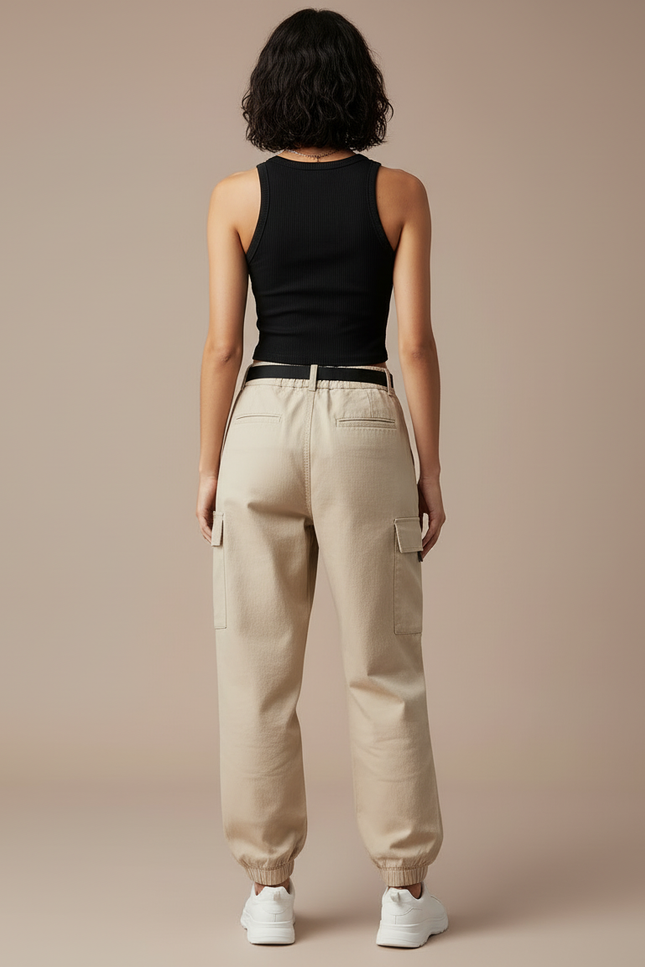 Pantalon Cargo Beige Ample Ceinturé Femme Coton - Toile - vue 2