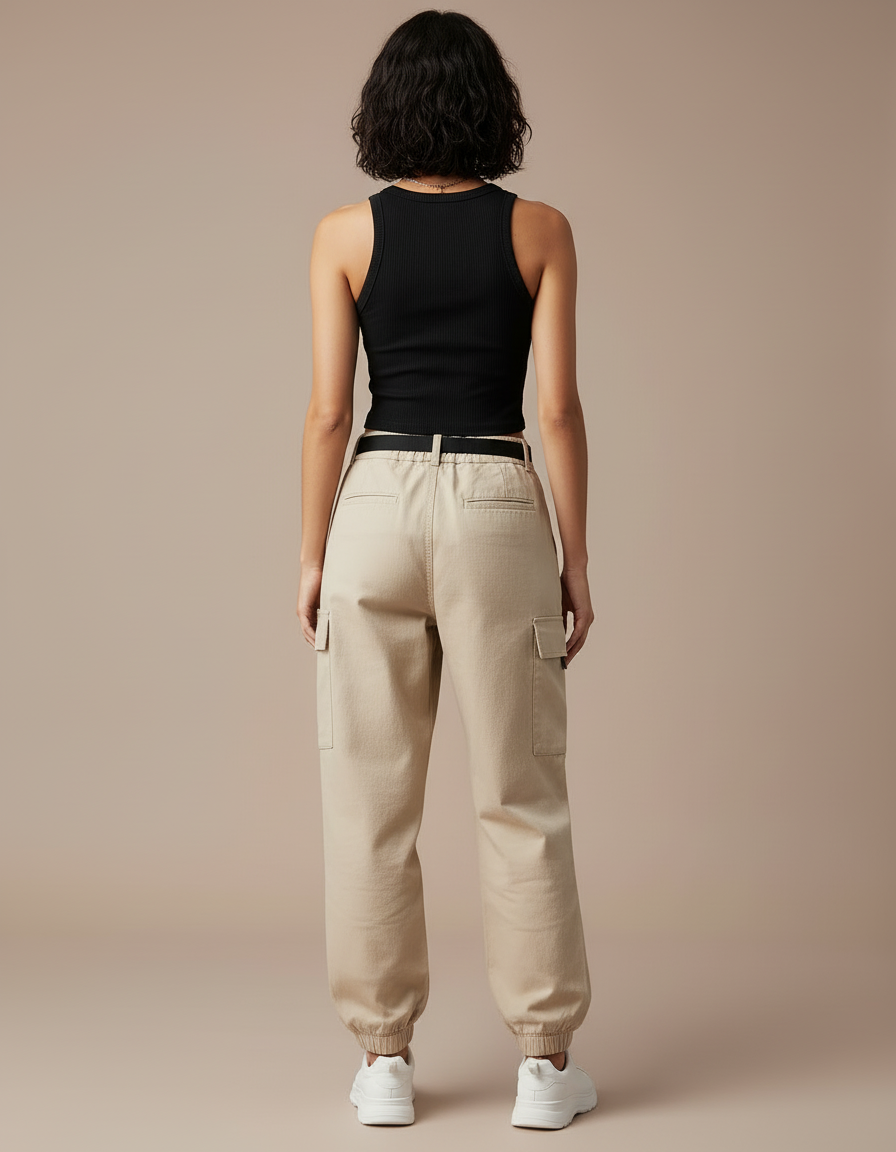 Pantalon Cargo Beige Ample Ceinturé Femme Coton - Toile - vue 2