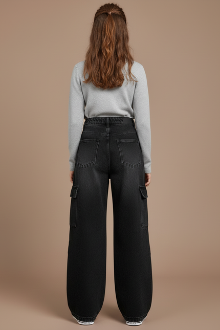 Pantalon Cargo Noir Denim Ample Enfant Multipoches - Jean - vue 2