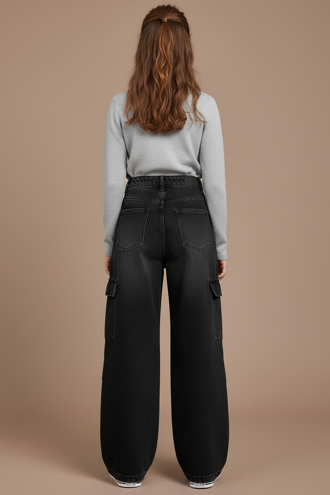 Pantalon Cargo Noir Denim Ample Enfant Multipoches - Jean - vue 2